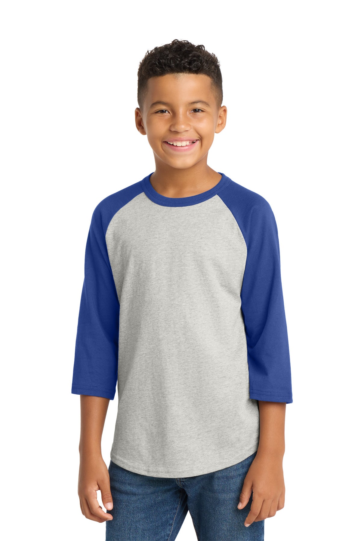 Custom Heather Grey/ Royal Youth Colorblock Raglan Jersey YT200, personalized by SanCanDo Swag in Argyle, TX