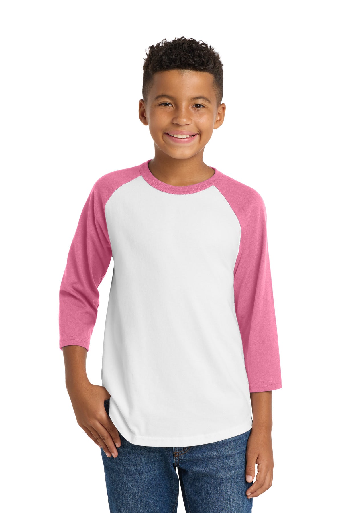 Custom White/ Bright Pink Youth Colorblock Raglan Jersey YT200, personalized by SanCanDo Swag in Argyle, TX