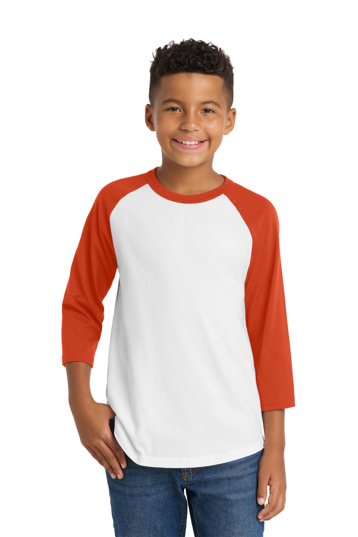 Custom White/ Deep Orange Youth Colorblock Raglan Jersey YT200, personalized by SanCanDo Swag in Argyle, TX