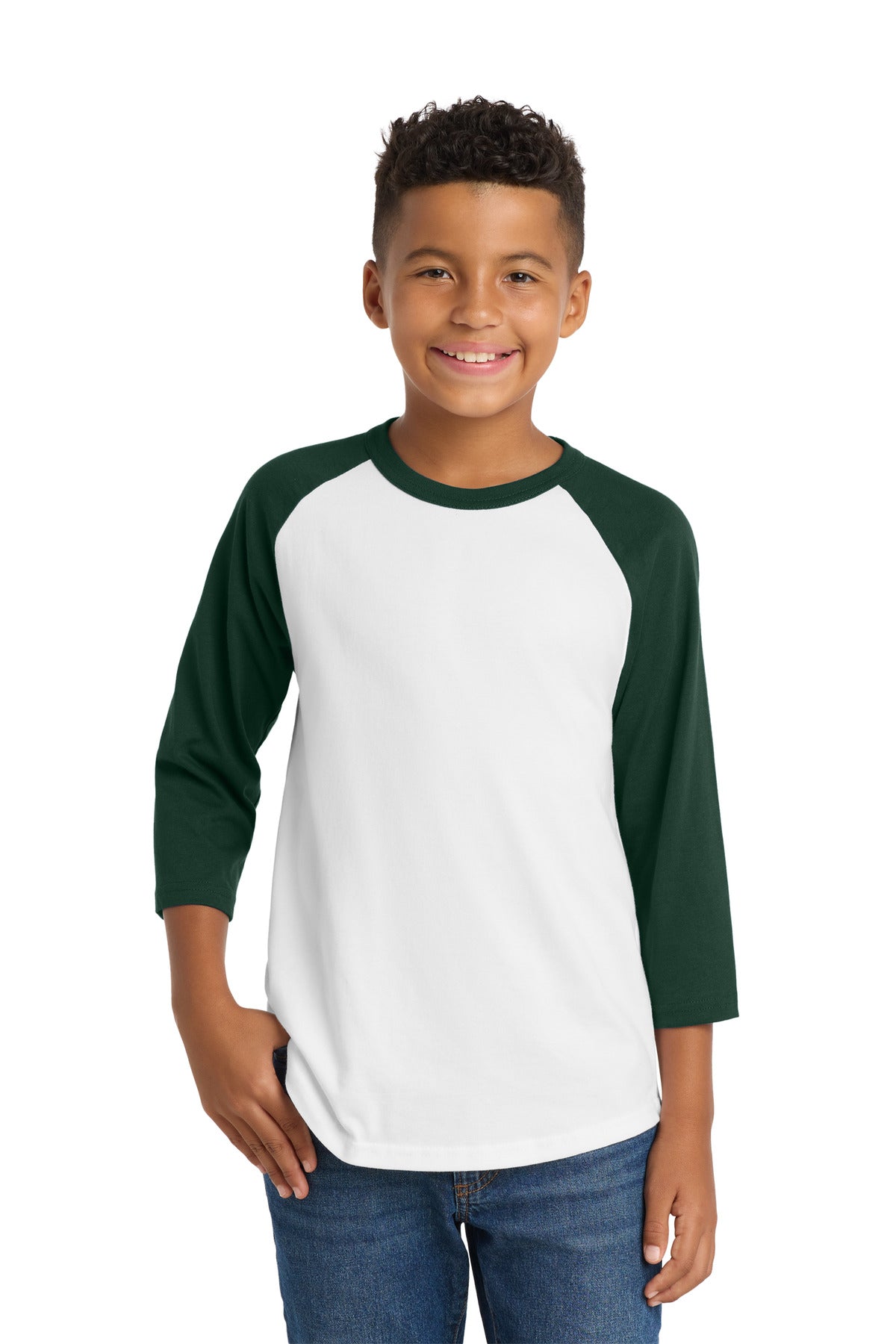 Custom White/ Forest Youth Colorblock Raglan Jersey YT200, personalized by SanCanDo Swag in Argyle, TX