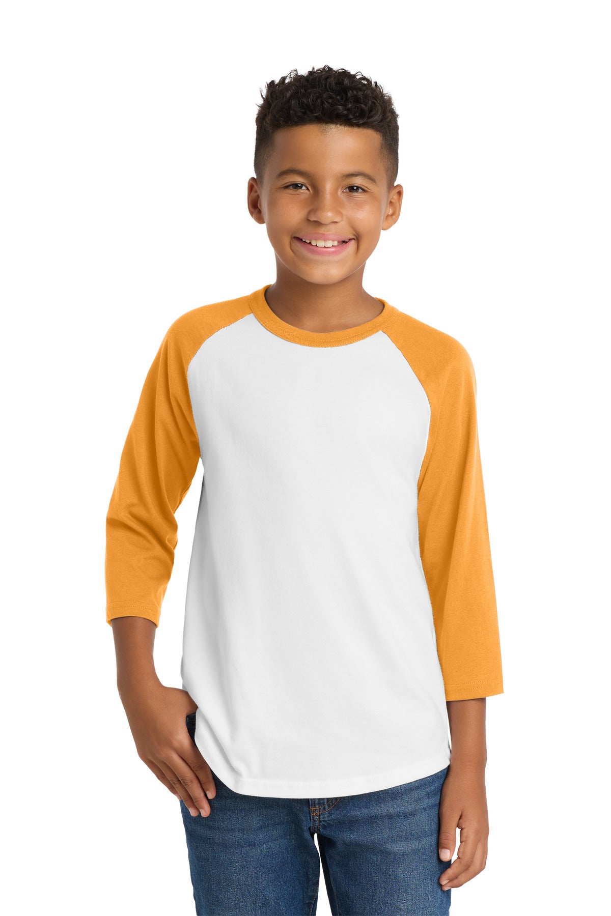 Custom White/ Gold Youth Colorblock Raglan Jersey YT200, personalized by SanCanDo Swag in Argyle, TX