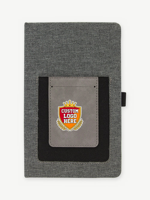 Custom 5 1/4" x 8 1/4" Canvas Journal with Phone Pouch - Gray Canvas / Gray (GFT1225) - UV logo on leatherette pouch