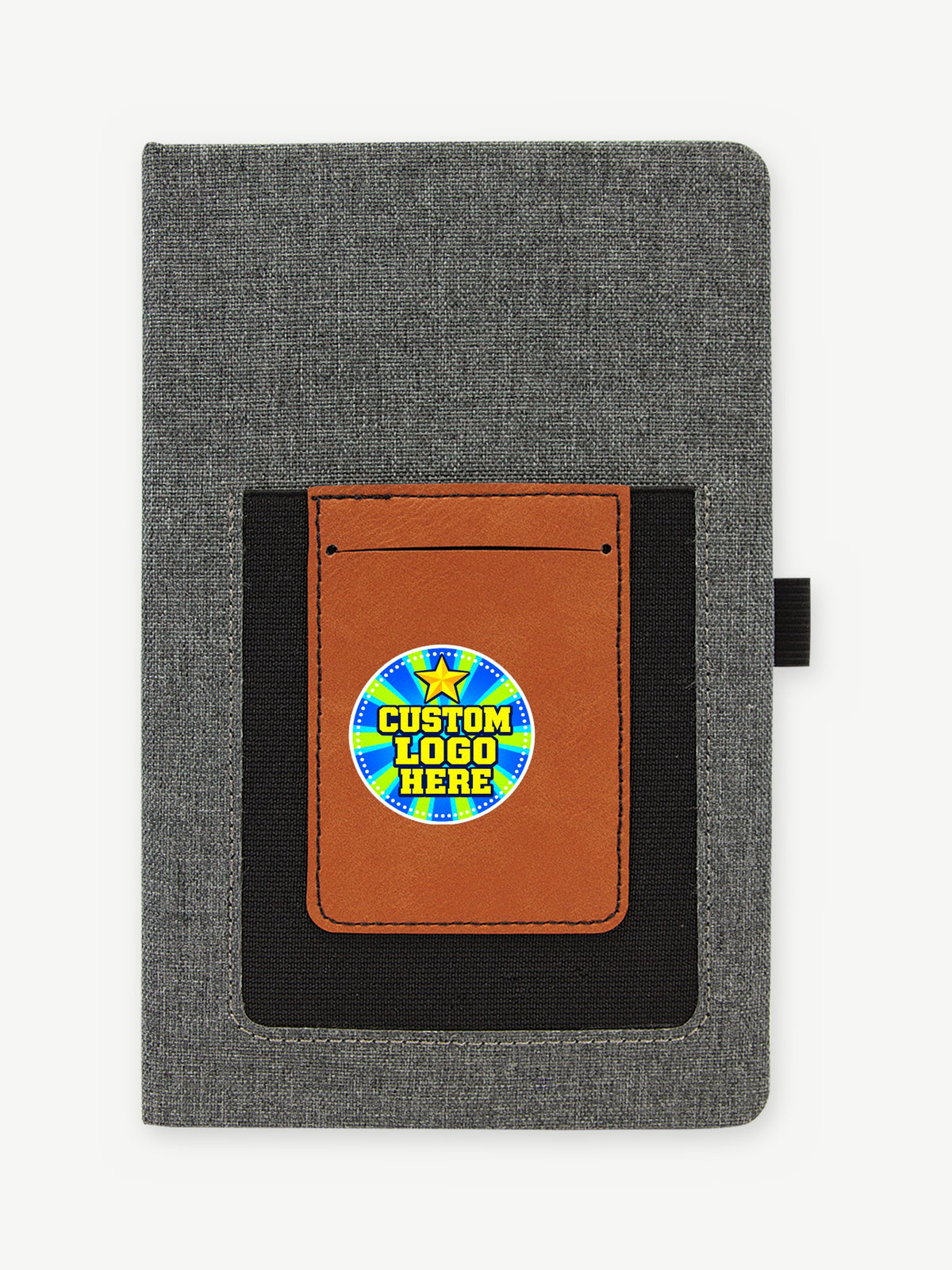 Custom 5 1/4" x 8 1/4" Canvas Journal with Phone Pouch - Gray Canvas / Rawhide (GFT1227) - UV logo on leatherette pouch