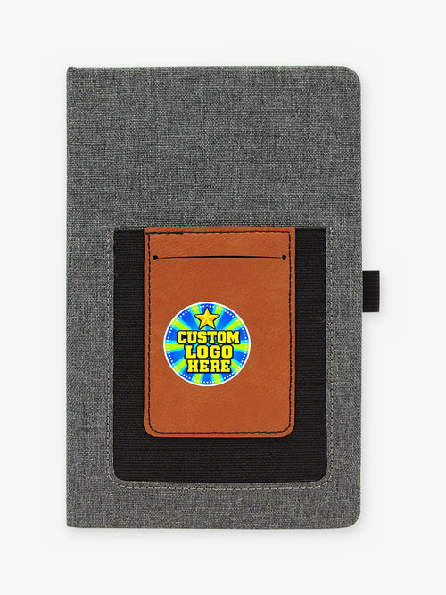 Custom 5 1/4" x 8 1/4" Canvas Journal with Phone Pouch - Gray Canvas / Rawhide (GFT1227) - UV logo on leatherette pouch