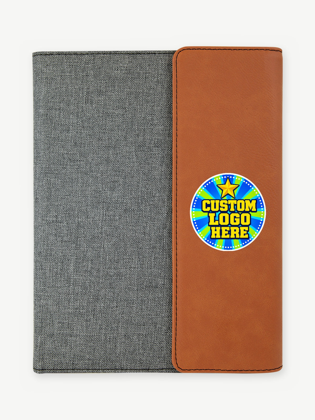 Custom 7" x 9" Leatherette & Canvas Portfolio with Notepad - Rawhide with Gray Canvas (GFT1207) - UV logo on leatherette flap