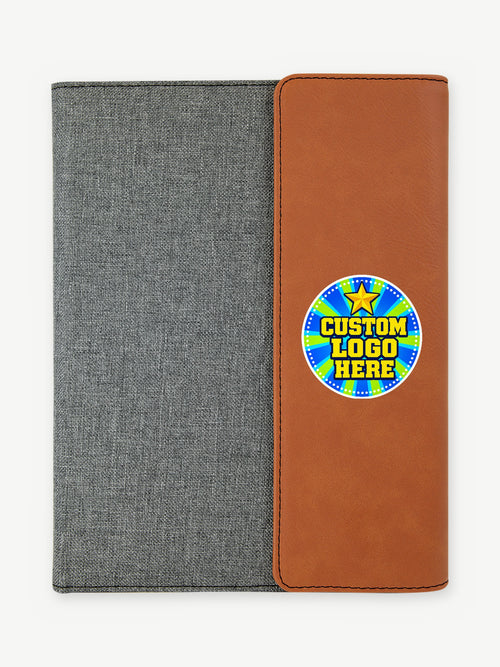 Custom 7" x 9" Leatherette & Canvas Portfolio with Notepad - Rawhide with Gray Canvas (GFT1207) - UV logo on leatherette flap