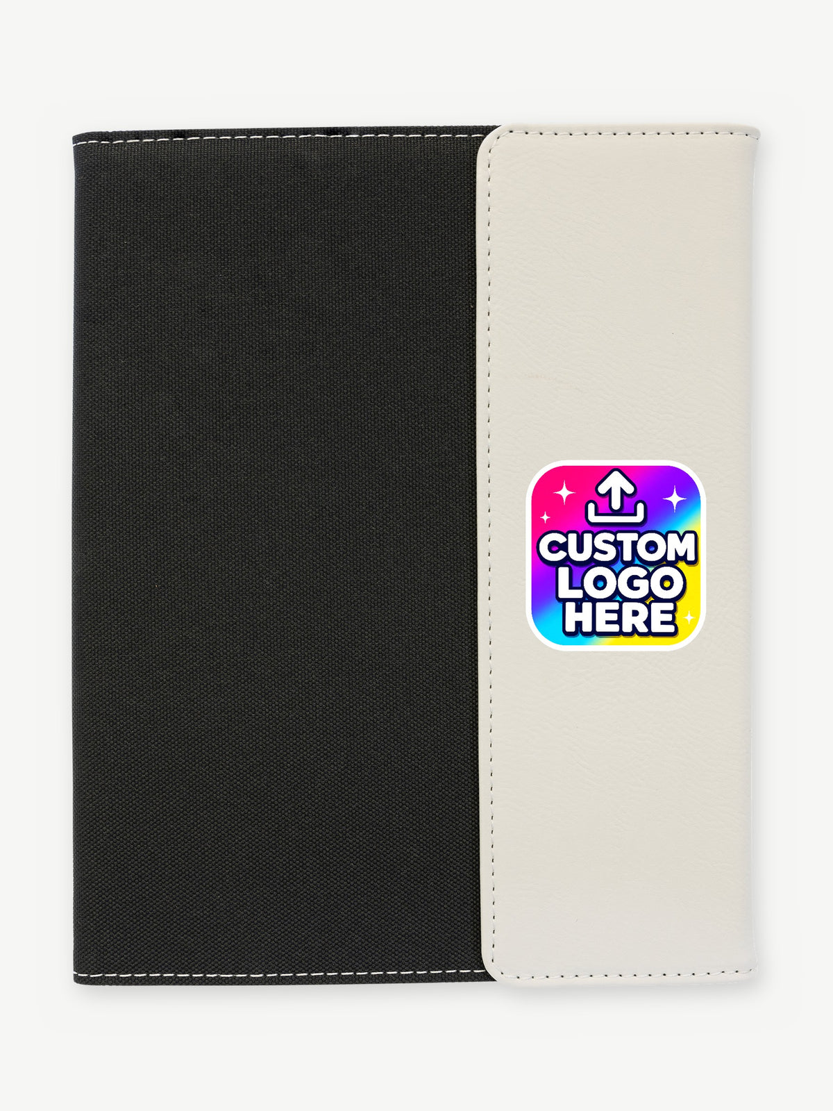 Custom 7" x 9" Leatherette & Canvas Portfolio with Notepad - White with Black Canvas (GFT1212) - UV logo on leatherette flap
