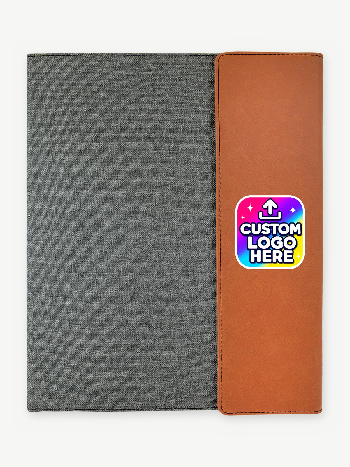 Custom 9 1/2" x 12" Leatherette & Canvas Portfolio with Legal Pad - Rawhide with Gray Canvas (GFT1217) - UV logo on leatherette flap