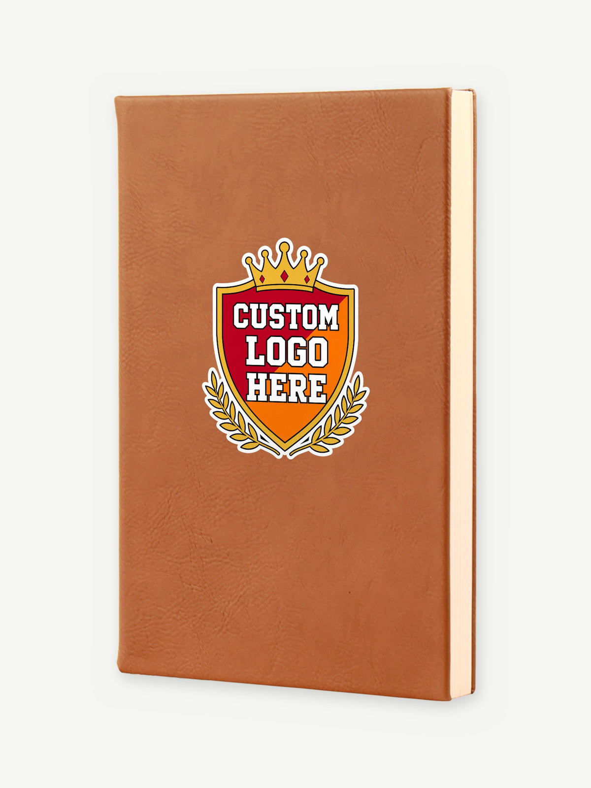 Custom 5 1/4" x 8 1/4" Leatherette Journal - Rawhide (GFT654) - example full-color UV print, Custom Logo Here placeholder