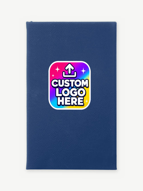 Custom 5 1/4" x 8 1/4" Leatherette Journal - Blue/Silver (GFT838) - example full-color UV print, Custom Logo Here placeholder