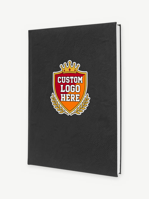 Custom 7" x 9 3/4" Leatherette Journal - Black/Gold (GFT2237) - example full-color UV print, Custom Logo Here placeholder