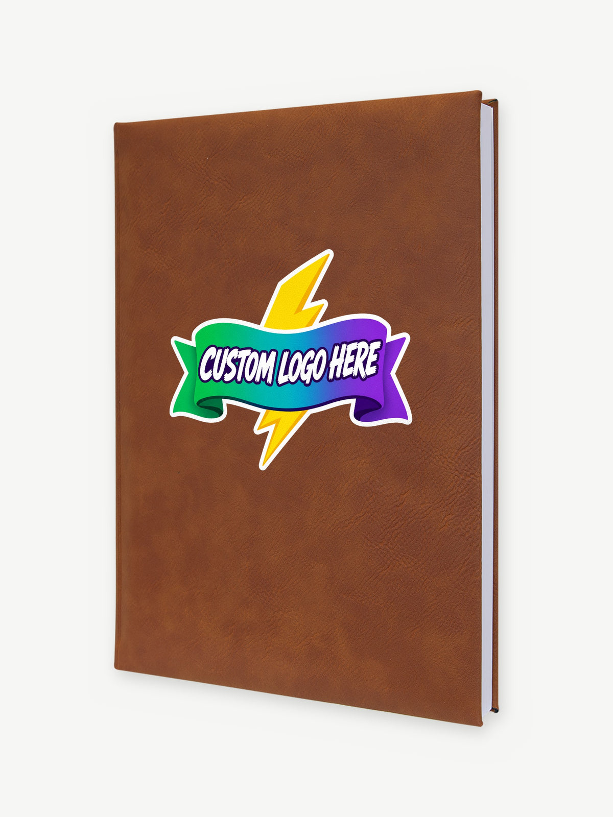 Custom 7" x 9 3/4" Leatherette Journal - Rawhide (GFT2238) - example full-color UV print, Custom Logo Here placeholder