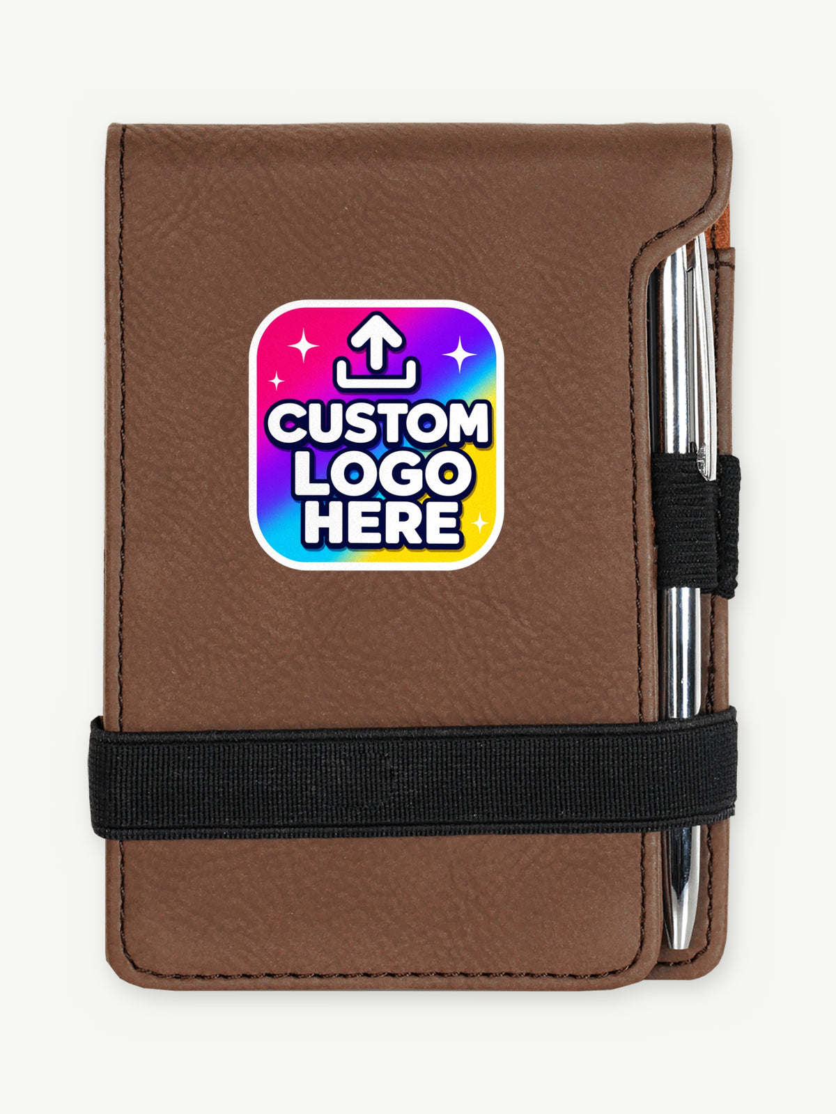 Custom 3 1/4" x 4 3/4" Leatherette Mini Notepad - Dark Brown (GFT215) - example full-color UV logo print