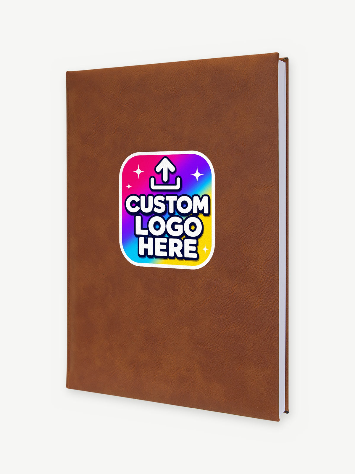 Custom 7" x 9 3/4" Leatherette Sketch Book - Rawhide (GFT2264) - example full-color UV print, Custom Logo Here placeholder