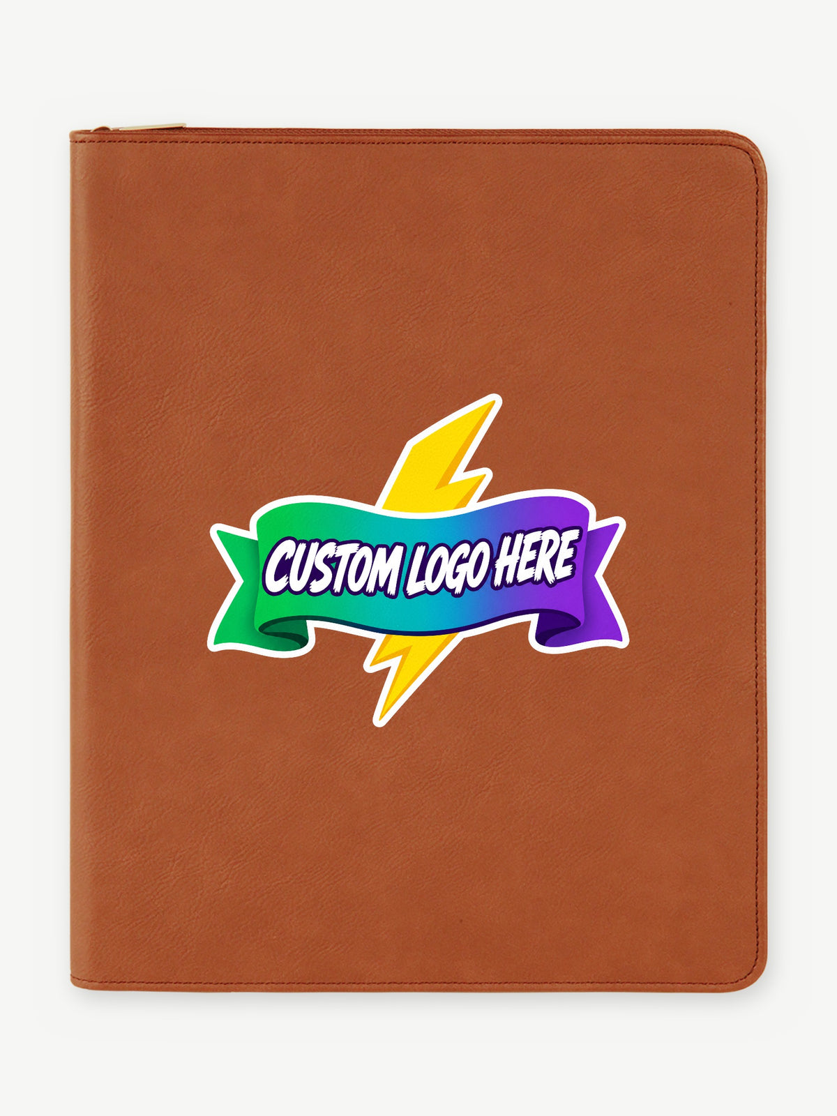 Custom 9 1/2" x 12" Leatherette Zipper Portfolio with Legal Pad - Rawhide (GFT353) - example full-color UV logo print